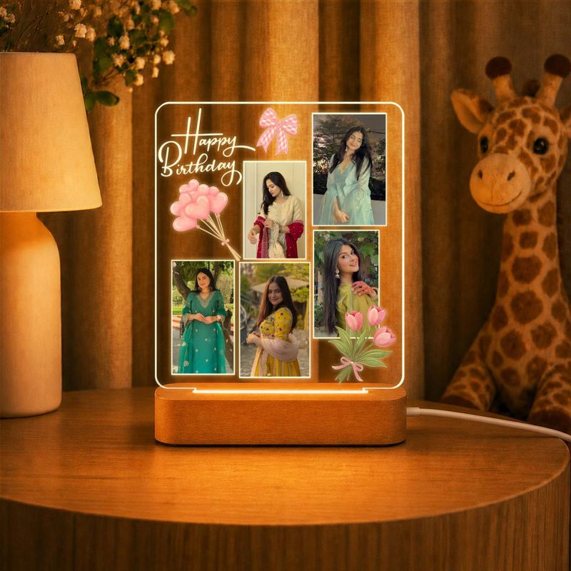 Happy Birthday LED Photo Collage Lamp for Girls & Women Personalized Birthday Photo Frame Night Light with 5 Photo  Warm White Decorative Table Lamp & Birthday Gift